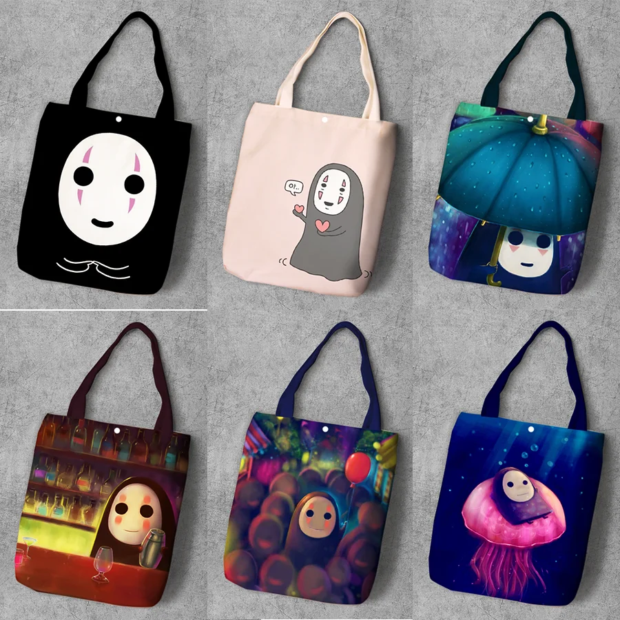 

Spirited Away No Face man Cartoon Student Printed Canvas Shopping Backpack Large Capacity Tote Ladies Casual Shoulder Bags