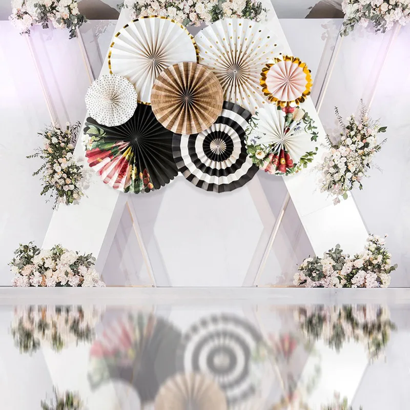 

1 Pack/8pcs Balck Gold Botanical Pinwheel Backdrop Floral Paper Rosette Paper Fan Wall Covering Wedding Party Background Garland