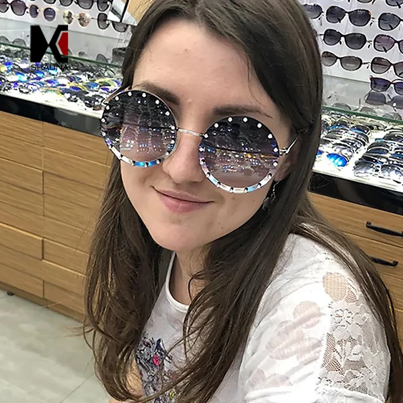 Женские круглые солнечные очки SHAUNA большие без оправы с украшением из стразов и