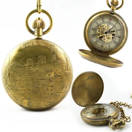 

Pure Copper Train Skeleton Mechanical Pocket Watch