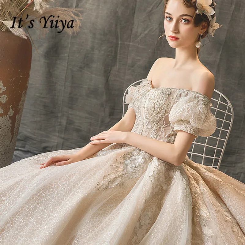 

It's YiiYa Wedding Dress Illusion Beading Pearls Flowers Train Bridal Gowns Boat Neck Champagne Lace Up wedding dresses G019