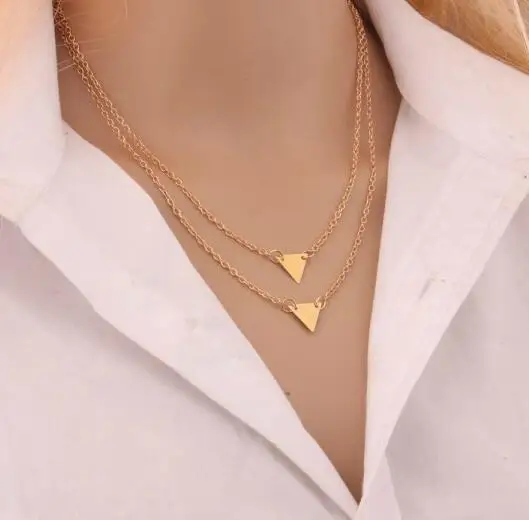 

Hottest Fashion Gold Triangle Bar Lariat Necklaces Lowest Price Double Layers Triangle Pendants Necklaces Clavicle Chain Women