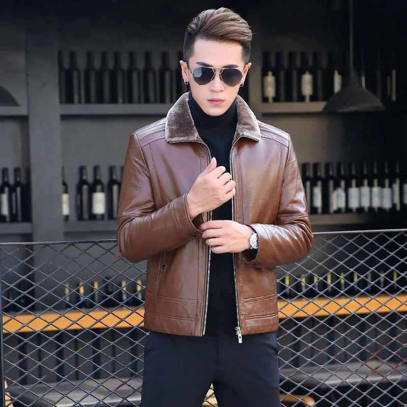 

Winter new leather men's fashion casual plus velvet thickening men's leather jacket high quality wild warm men's leather jacket