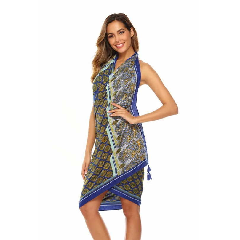 New Summer Women Beach Skirts 2019 Long Hippie Flowers Printed Elastic Waist Beach Towel Cloak Skirt #E11 (42)