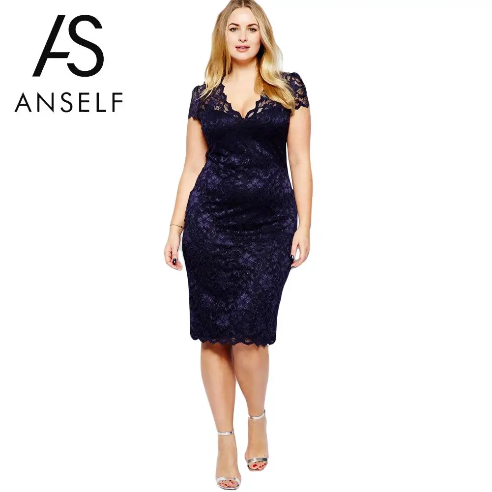 

ANSELF 3XL XXXXL Plus Size Lace Dress Women Bodycon Dress Short Pencil Dress V-Neck Elegant Lady Evening Midi Party Dress female