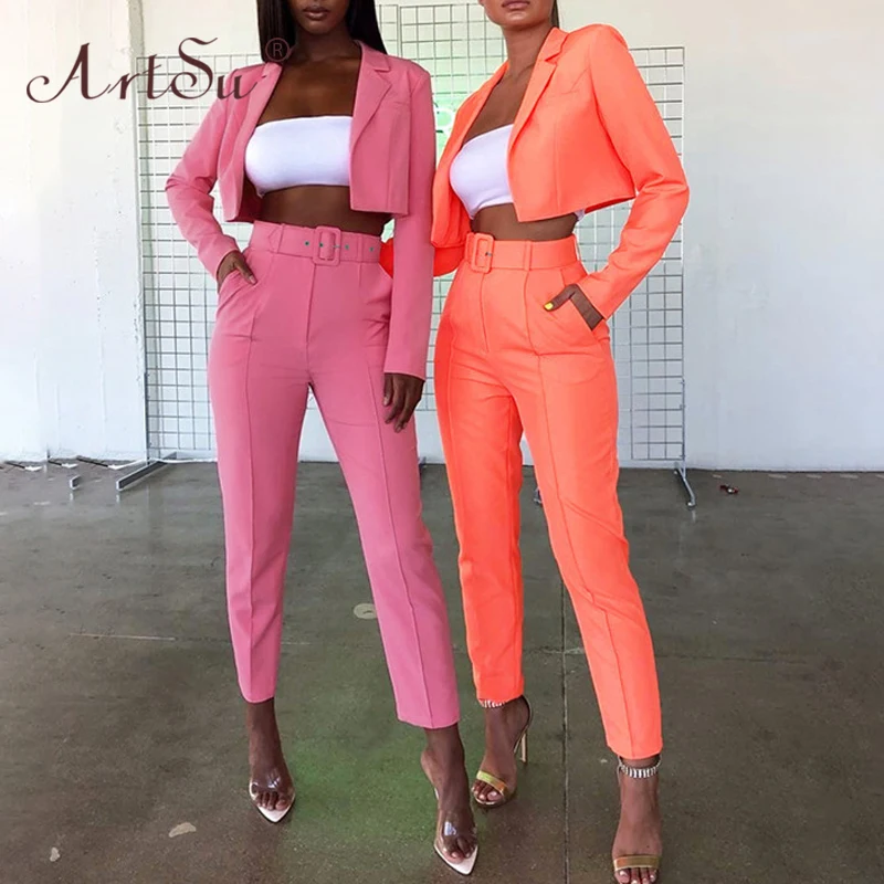 

ArtSu 2019 Women Fashion Autumn Two Piece Set Pink Orange Yellow Short Jacket And Pencil Pants Party Blazer Suits Streetwear