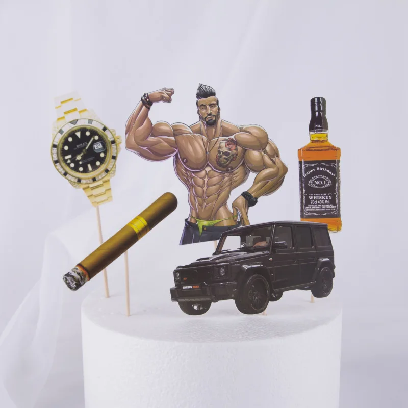 

50pcs New Muscular Man Cupcake Topper Cartoon Rich Watch Car Cake Topper For Wedding Birthday Party Cake Decorations Baby Shower