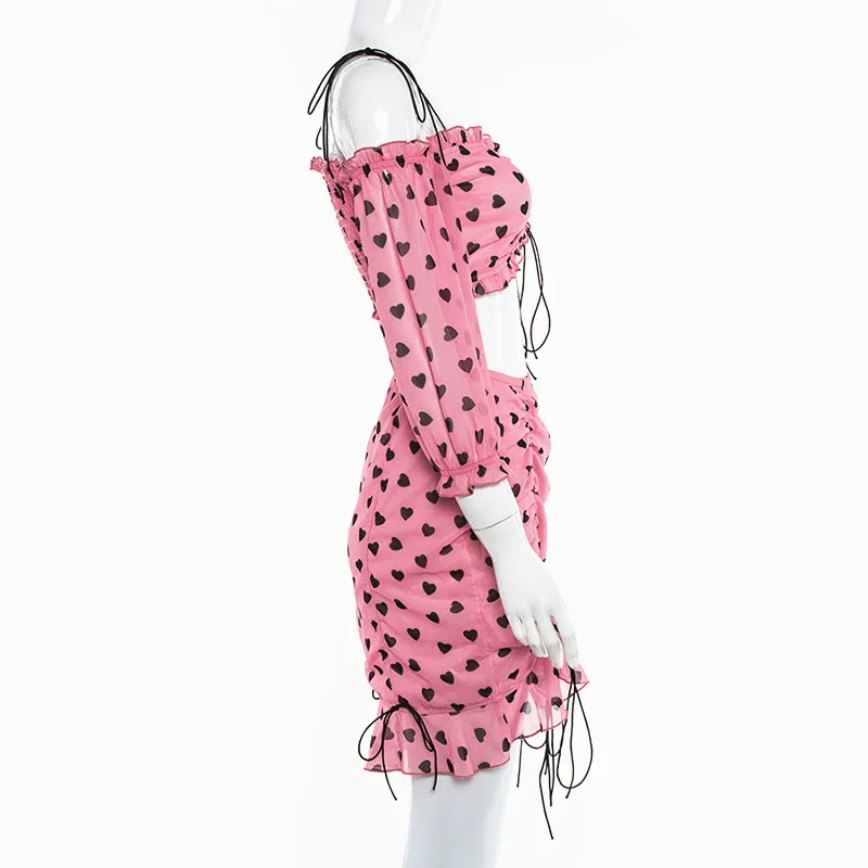 Lessverge/Розовый Шифоновый комплект из двух предметов с принтом, наряды с открытыми плечами, платье с оборками, костюм на шнуровке, бохо, укороченный топ, облегающий мини-комплект с юбкой