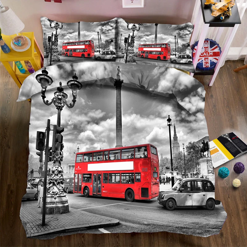 

Red street bus 3d effect photo bed linen can be customized photo pattern
