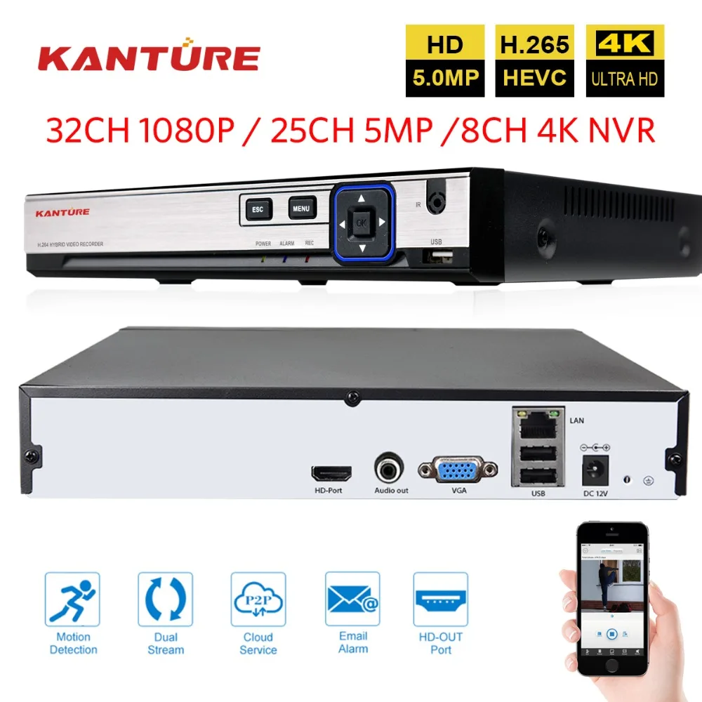 

KANTURE H.265+ 32CH 1080P 25CH 5MP CCTV Network NVR Recorder 8CH 4K Resolution NVR System for 5MP IP Camera P2P Onvif NVR
