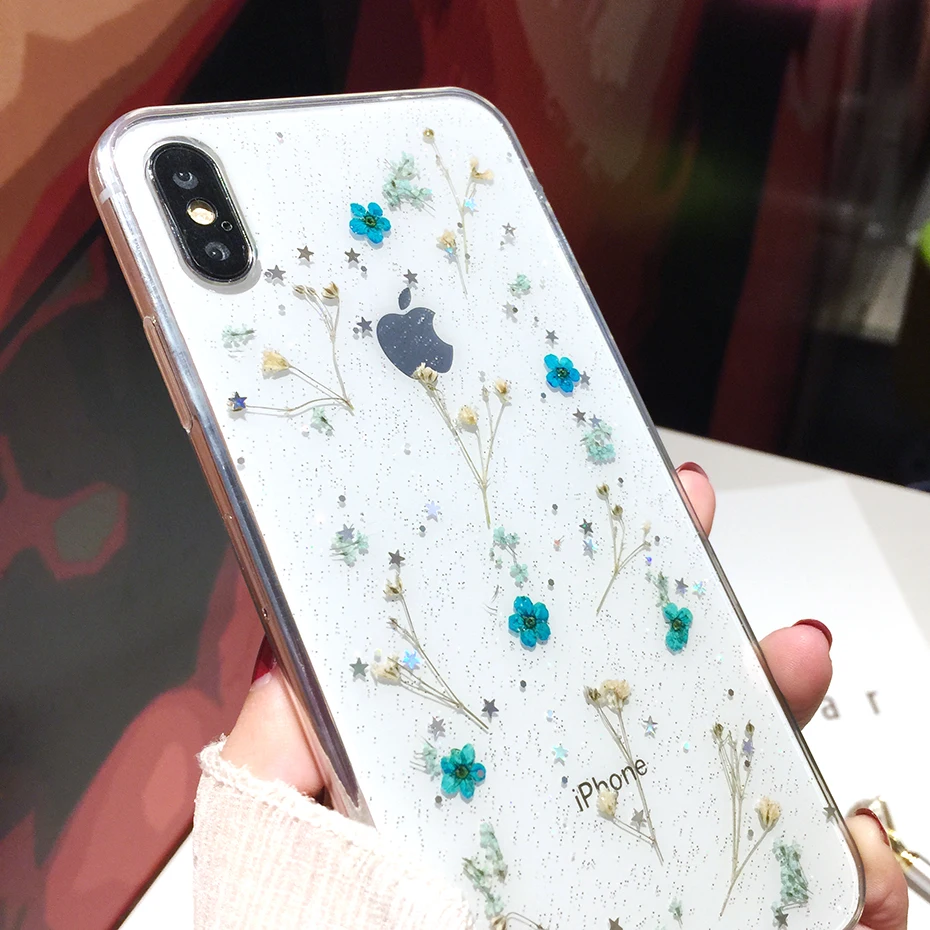 Qianliyao Real Flowers Dried Flowers Transparent Soft TPU Cover For iPhone X 6 6S 7 8 plus Phone Case For iphone XR XS Max Cover