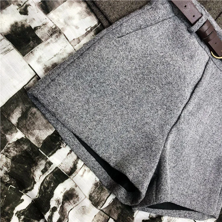 Cena Jesienne zimowe spodenki wizytowe damskie koreańskie wysokie talie grube z szarfami szeroko nogawkowe szorty damskie szare czarne zielone Casual Bottom