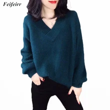 Spring Autumn new 2019 pullover fashion plus size sweaters Korean version loose V-neck knit bottoming shirt female casual tops