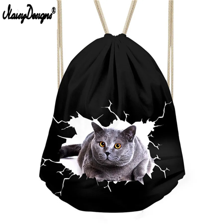 Дети малых завязки черный мешок для девочек школьные сумки Для женщин милые животные кошка принт Мешок Drawstring Подпруга рюкзак Stoage посылка