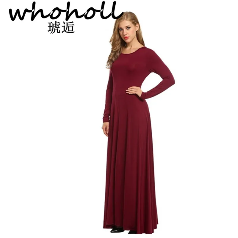 

WHOHOLL Autumn Casual Elegant Long Maxi Dress Women Solid O-neck Long Sleeve Bodycon Pleasted Party Dress Boho Tunic Vestido New