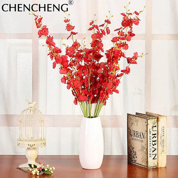 CHENCHENG, 5 шт./лот, 100 см, искусственный цветок Oncidium Hybridum, ветка, букет, свадебные, для дома, вечерние, украшение, Осенний Декор - Цвет: Red