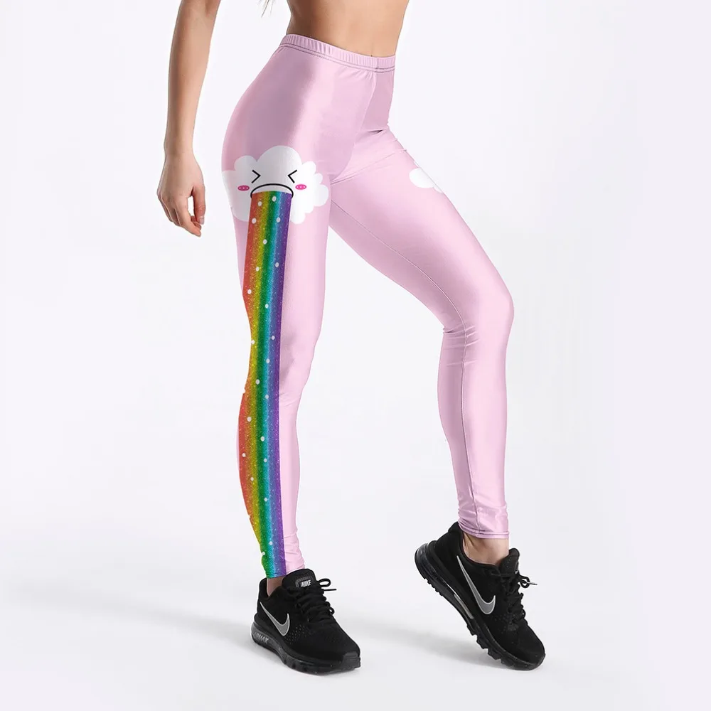 

Rainbow Clouds Printed Sweet Style Women Fitness Pink Leggings Fashion Summer Soft Elastic Workout Long Pants