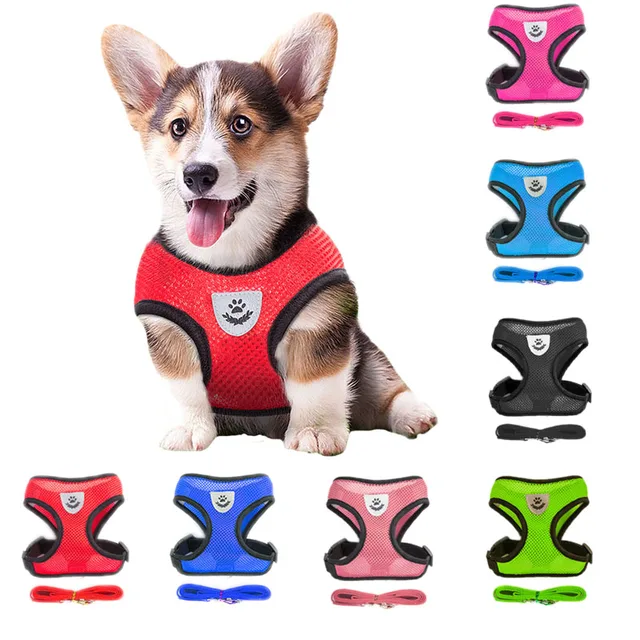 New Air Mesh Breathable Nylon Dog Harness With Leash Set 6 Colors Plus Size Vest Chest Strap For