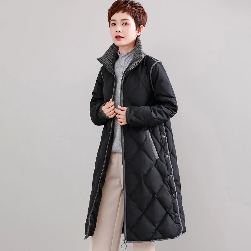 Зимняя куртка для женщин пуховое пальто сплошной цвет Стенд Сращивание вязать Толстая Длинная Верхняя одежда плюс размер 2019 Новое
