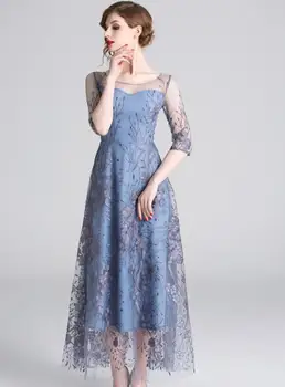 

Spring and summer European and American new banquet noble temperament long mesh embroidery dressT3659
