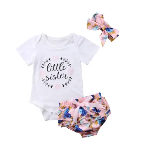 Newborn Babys Girls Outfits Clothes Letter Romper Jumpsuit +Floral Short +Headband Sets | Детская одежда и обувь