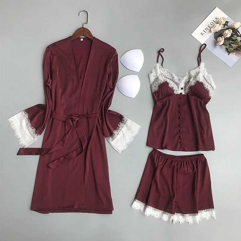 Женские пижамные комплекты из 3 предметов атласная пижама с нагрудники на тонких бретельках кружевная Шелковая пижама для сна - Цвет: dark wine red