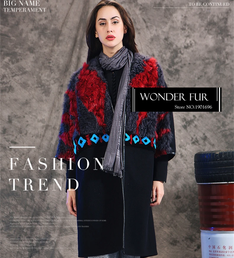 

Elegant Woollen Fur Garment With Three Quarter Sleeves Multicolor Lamb Fur Jacket Vintage Pattern Woolen Coat Geniune Fur Jacket