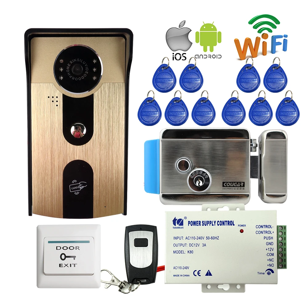 

FREE SHIPPPING RFID Access Wireless Wifi Video Door Phone Intercom Outdoor Doorbell Camera for Android IOS Phone + Electric Lock