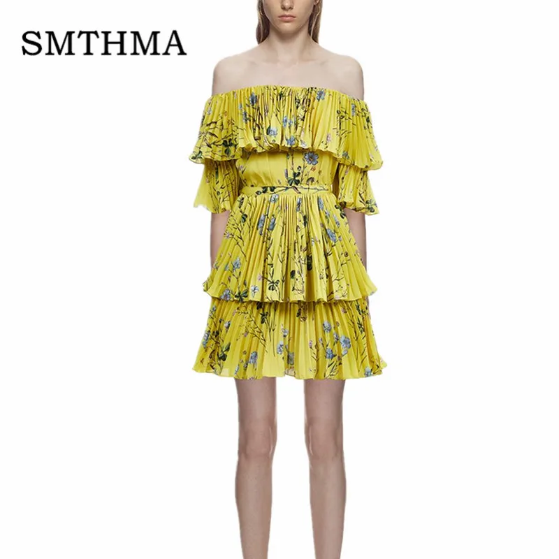

Summer Yellow Boho Dress 2019 Floral Print Pleated Women Dress Off Shoulder Ruffle Bohemian Self Portrait Dress