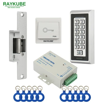 

RAYKUBE RFID Access Control Kit Electric Strike Lock + Access Control Metal Password Keypad +ID Keyfobs+Exit Button