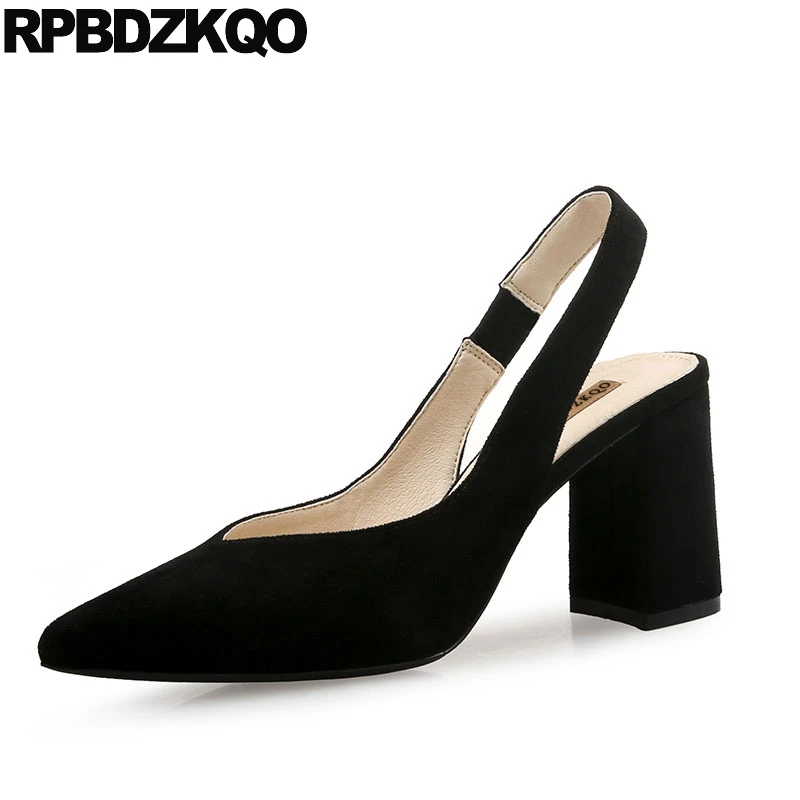 высокие каблуки Короткая Slingback мода Работа насосы Размер 4 34 Синяя женская обувь