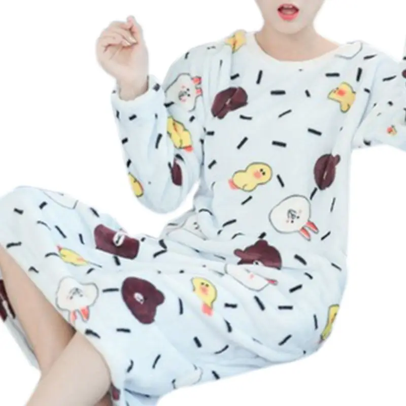 Женская зимняя плотная фланелевая ночная рубашка с длинным рукавом, милая пижама с рисунком медведя из мультфильма, милая свободная одежда для студентов до колен N - Цвет: NO.I