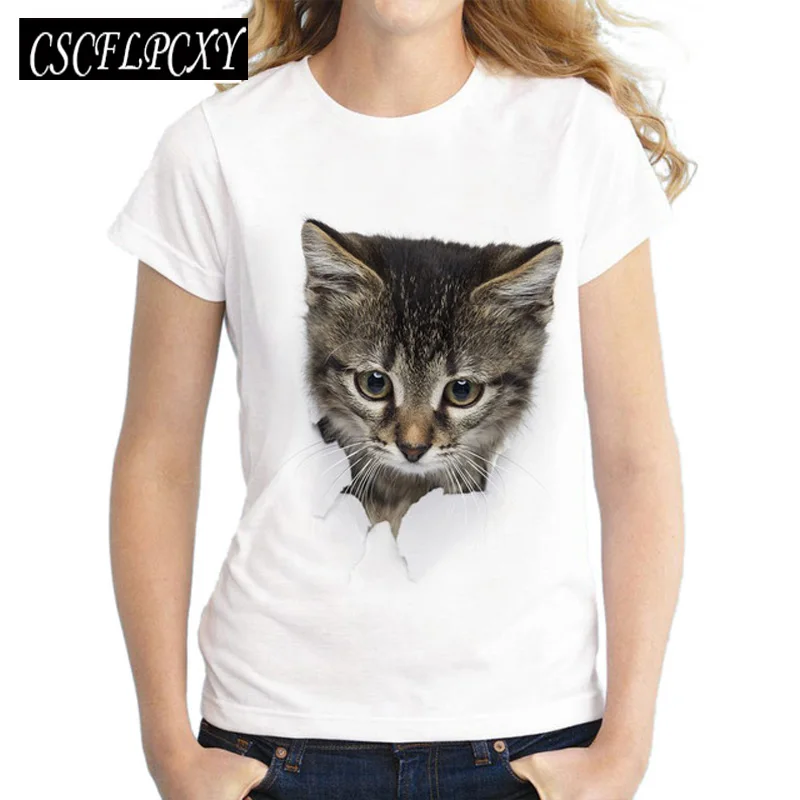 Летняя Милая футболка с 3D принтом озорного кота, Женская Оригинальная футболка с круглым вырезом и коротким рукавом, топы, футболки