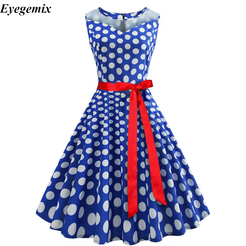 ShejoinSheenjoy Woman Summer Vintage V-Neck Dress Hepburn Style Sleeveless Dress With Belt Party Blue Elegant Dresses (5)