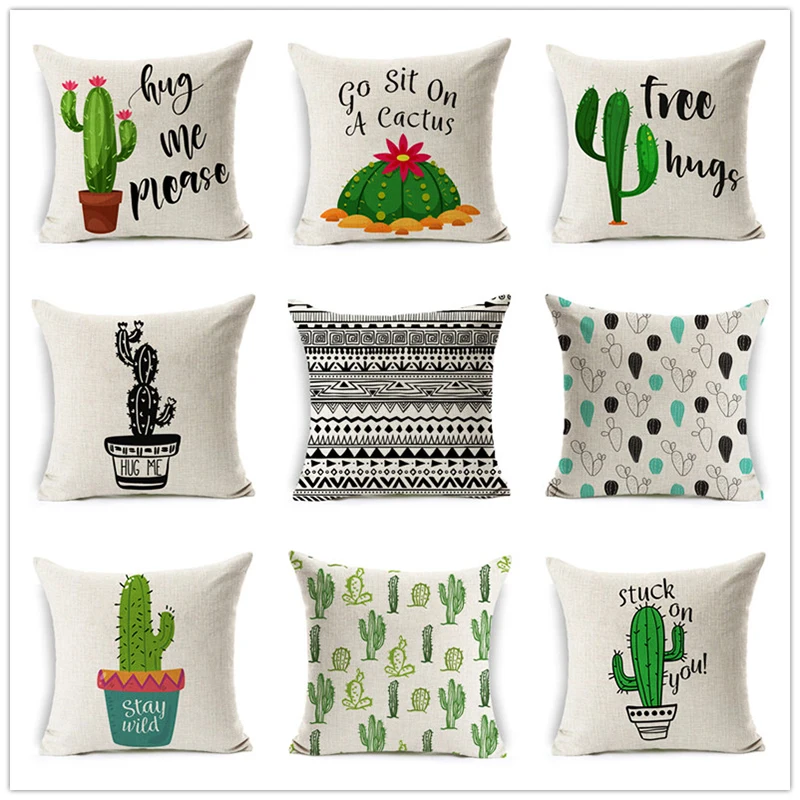 

2019 Cartoon Cactus Cushion Cover Cotton Linen Succulent Plants Green Letters Home Decorative Geometric Pillow Cover for Sofa