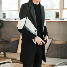 Новинка, зимнее длинное шерстяное пальто большого размера, мужское, молодежное, повседневное, сочетающееся по цвету, плотное пальто, тонкое, с отворотом, шерстяная ветровка