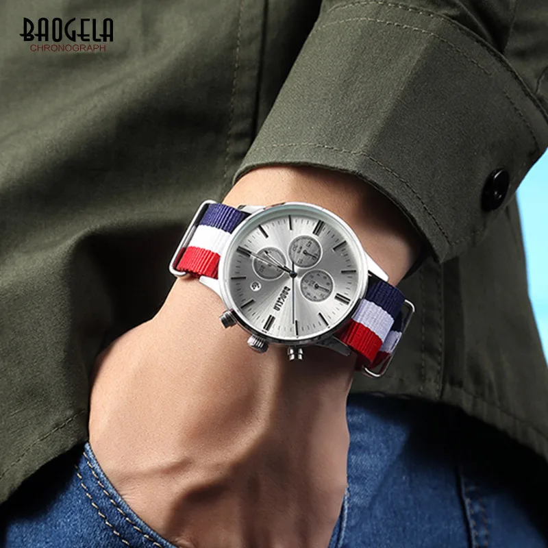 Online BAOGELA männer Klassische Armbanduhr Quarz Chronograph Armee Stop Uhr Mann Uhr Relogios Masculino Leinwand Strap 1611LBH GB