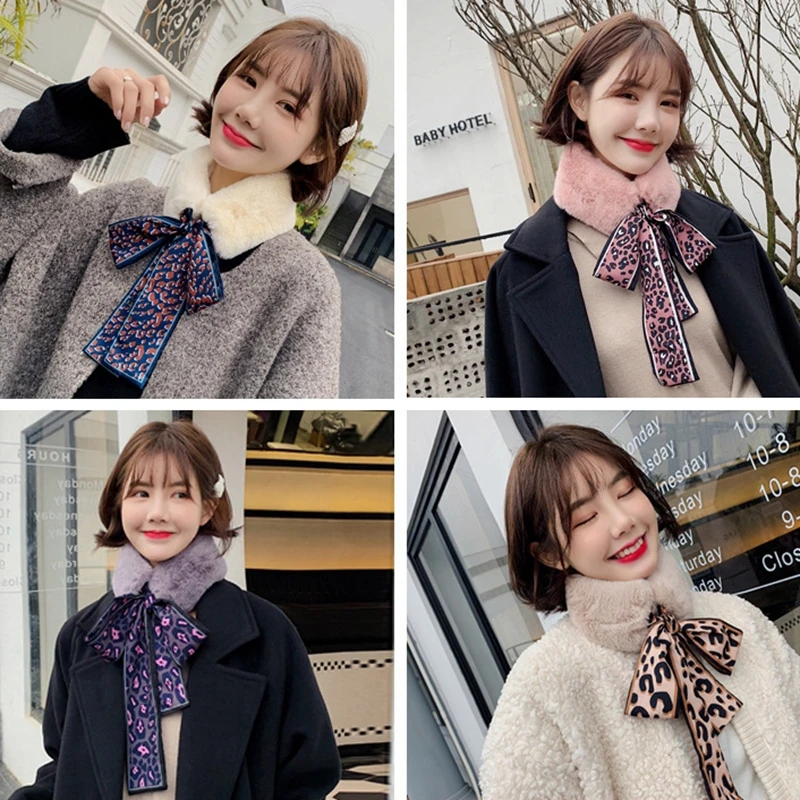 

LARRIVED Thickened Wool Collar Scarf Boy Girl Scarf Leopard Plush Collar For Women Warm Bow Tie Winter Wraps Fur Collar Scarf