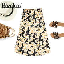 Bazaleas винтажная тонкая юбка с принтом маргаритки, скрытая эластичная резинка на талии, женская Юбка-миди, стильная юбка-слип, женская повседневная юбка