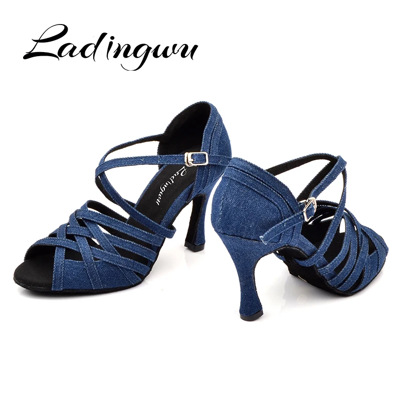 Ladingwu Women Dance Shoes Latin Salsa Tango Blue Denim Dance Shoes Woman's Ballroom Paty Profession Dance Shoes Cuban heel 9/10 3