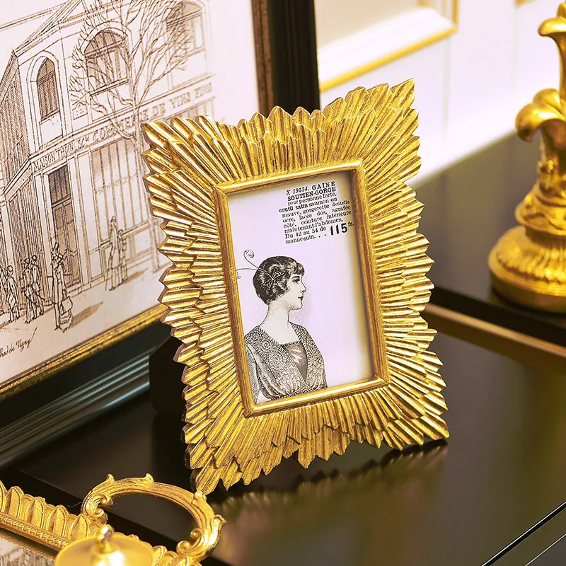 

American style retro gold double layer radiate line Baroque wind frame, photo frame, desktop decoration, bedroom soft decoration