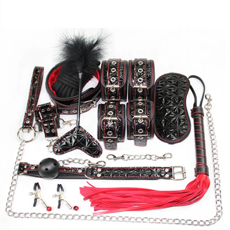 Hot sale PU Leathe 10PCS/SET Adult games BDSM Bondage Restraint SM Kit Handcuffs Collar Gag Mask Paddle Whip Sex Toys for women adult games 8 in 1 pink bondage kit set neck collar whip ball gag handcuffs rope eye mask fur sex fetish toy