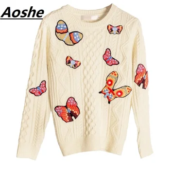 

Aoshe 2018 Newest Designer Pullover Twist Sweater Women Fashion Winter Butterfly Embroidery Basic Casual Knitted Sweaters Jumpe