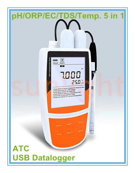 

Handheld pH / ORP /Conductivity / TDS / Temperature 5 in 1 Meter with USB Datalogger and Calibration Solution