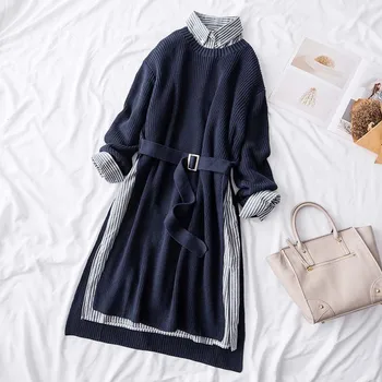 

autumn winter 2018 women 2 pieces dresses suits knitted long sweaters pullovers and striped shirts dresses top quality