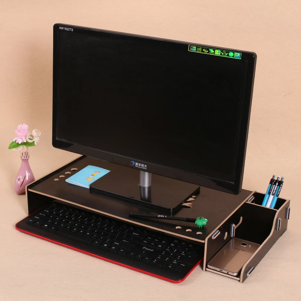 Wooden Monitor Stand Riser Computer Desk Organizer With Keyboard