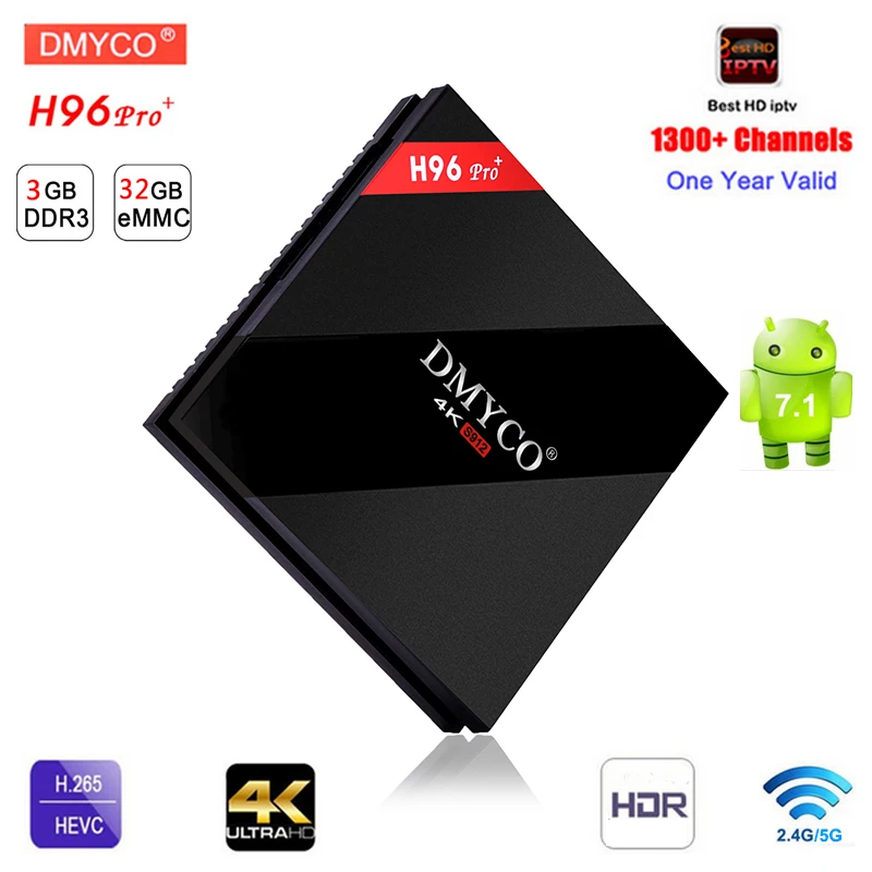 

H96 Pro+ Smart mini tv box android 7.1 3GB/32GB Amlogic S912 Core 4K 1300+ channels 1 year IPTV subscription Europe Arabic Spain
