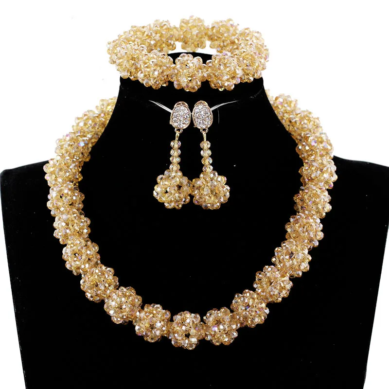 

Luxury Champagne Gold jewelry set African Beaded Jewelry Set Nigerian Wedding Crystal Beads Necklace Set JB082