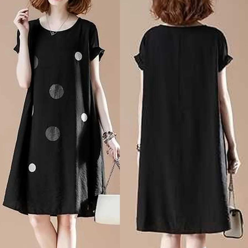 

Women's summer dresses Fashion O-Neck Wave Point Printing Short Sleeve Knee Length Dress Casual large size women's dresses