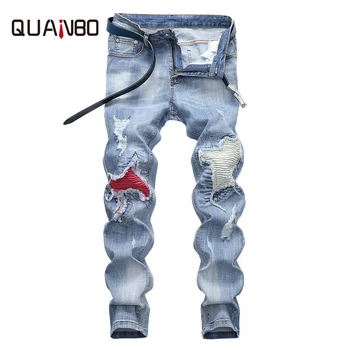 

QUANBO Brand Clothing New Arrival Fashion Light Blue Stretch Moto &Biker Ripped Jeans Straight Slim Fit Men's Trousers Plus size